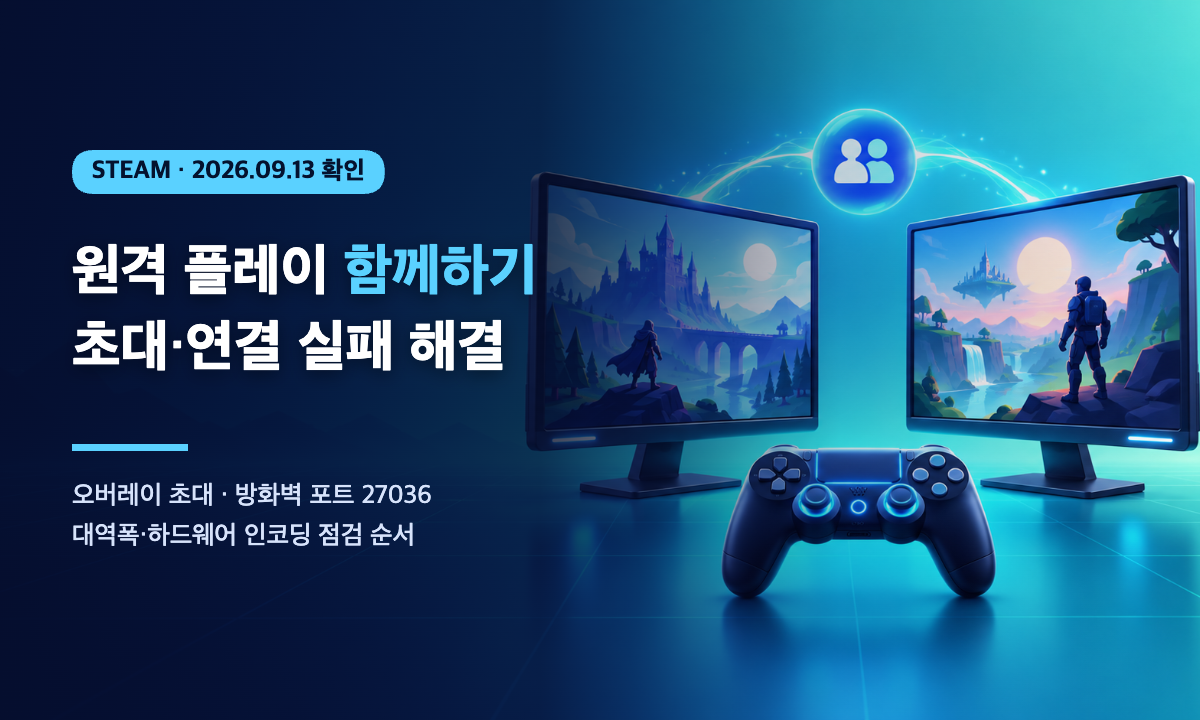 스팀 원격 플레이 함께하기 초대와 연결 실패 점검 순서를 안내하는 대표 이미지