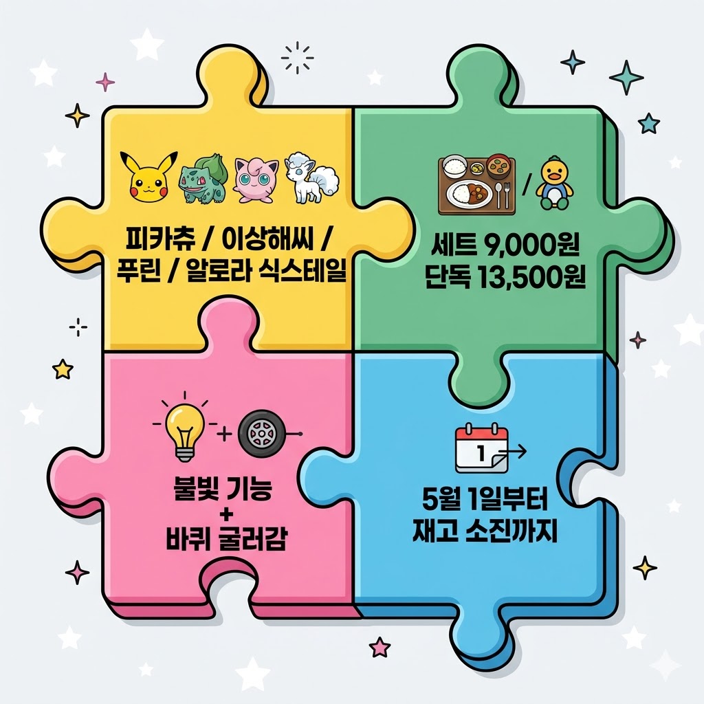 퍼즐 조각’ 스타일 인포그래픽. 배경은 연한 그레이에 미세한 별 패턴.
4개의 퍼즐 조각을 중앙에 크게 배치하고, 각 퍼즐 조각 안에 한 가지 정보를 담음:
첫 번째 퍼즐: “피카츄 / 이상해씨 / 푸린 / 알로라 식스테일” 캐릭터 아이콘
두 번째 퍼즐: “세트 9,000원 / 단독 13,500원”
세 번째 퍼즐: “불빛 기능 + 바퀴 굴러감”
네 번째 퍼즐: “5월 1일부터 재고 소진까지”
퍼즐 조각들이 서로 맞물리는 듯한 디자인
