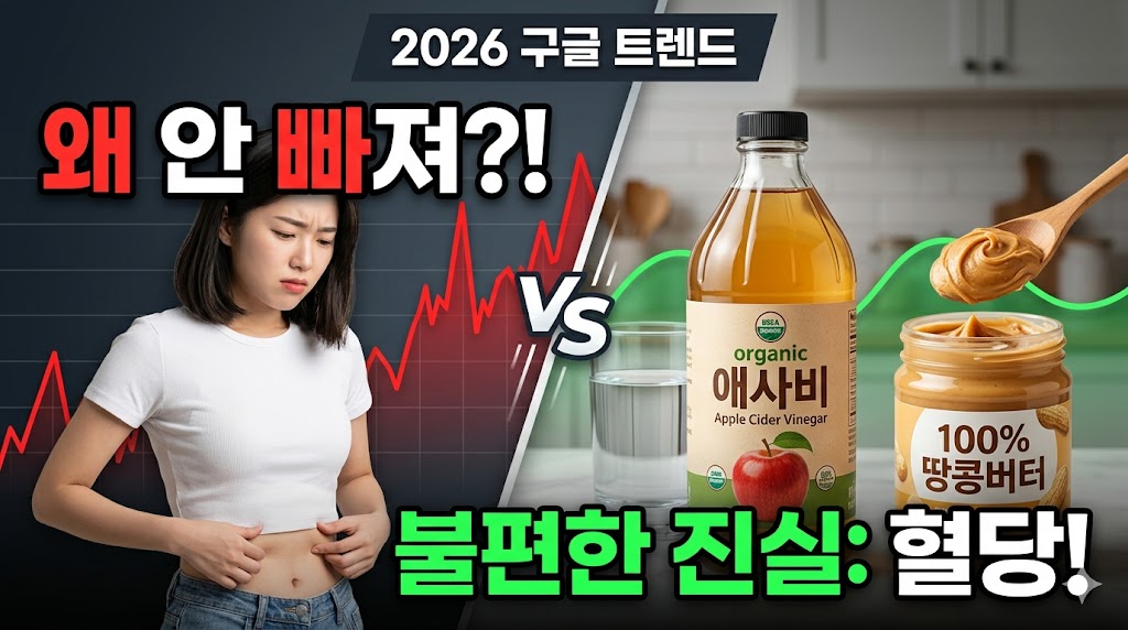 2026 구글 트렌드 다이어트 썸네일. 왼쪽에는 심각한 표정으로 뱃살을 잡고 있는 여성과 빨간색 하락 그래프가 그려져 있고, '왜 안 빠져?!'라는 붉은색 큰 자막이 있습니다. 오른쪽에는 유리컵에 담긴 물, 사과 그림이 그려진 organic 애사비(Apple Cider Vinegar) 식초 병, 그리고 우드 스푼으로 한 가득 떠 올린 100% 땅콩버터 잼 통이 놓여 있으며 완만한 녹색 그래프가 배경에 흐릅니다. 중앙에는 'VS' 기호가 배치되어 있고, 하단에는 '불편한 진실: 혈당!'이라는 녹색과 흰색의 강조 자막이 적혀 있습니다.