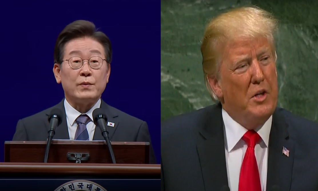 왼쪽 대한민국 이재명 대통령 연설사진, 오른쪽 미국 트럼프대통령 연설사진