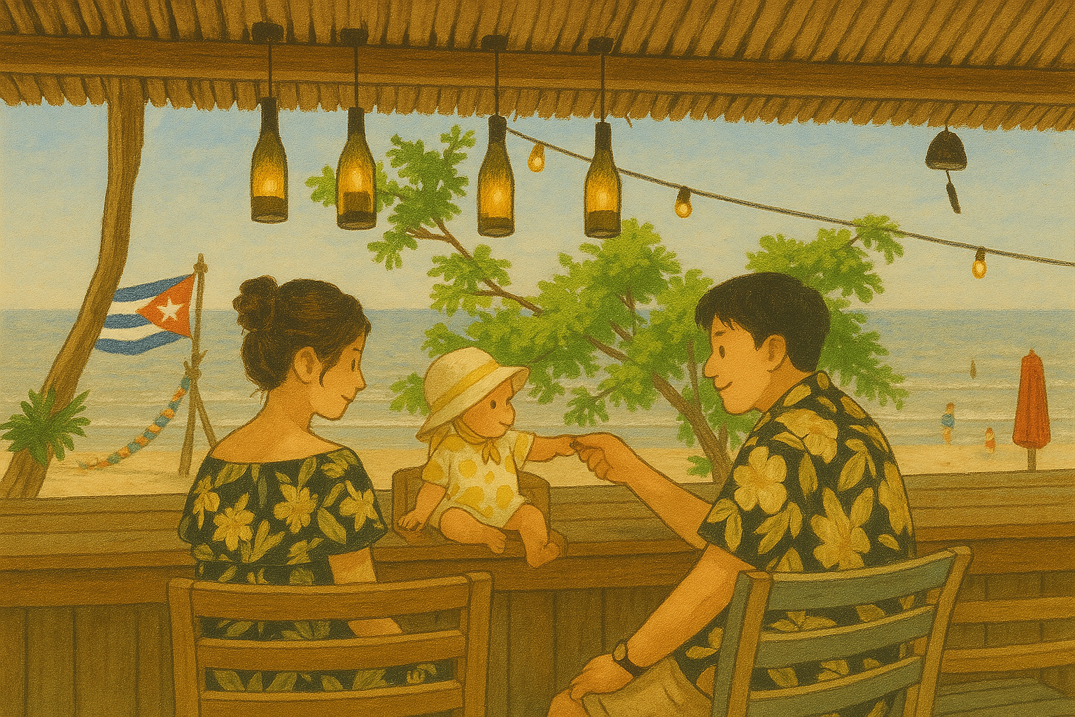 뻘다방 카페 야외 테이블에 앉아있는 가족 일러스트(출처: 챗GPT가공)