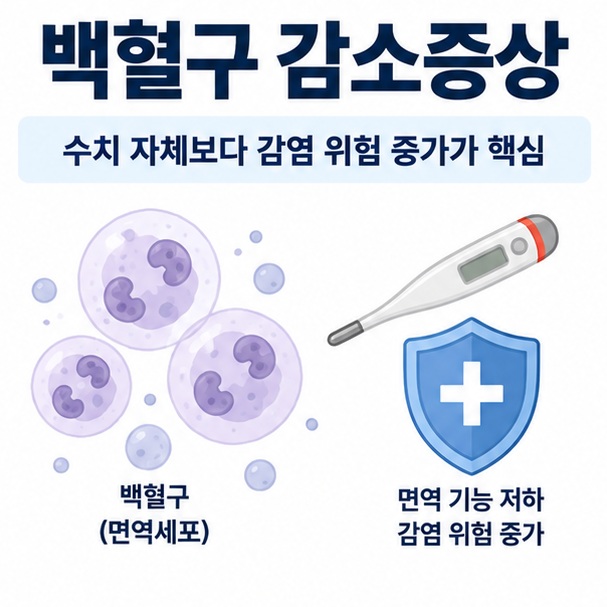 백혈구 감소증상이라는 제목과 백혈구, 체온계, 감염 경고 아이콘을 함께 표현한 대표 이미지