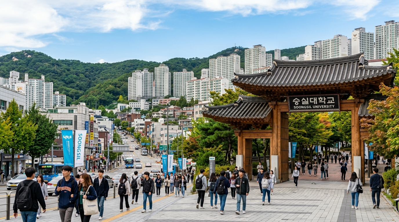 숭실대학교 정문과 현대적인 아파트 단지의 풍경