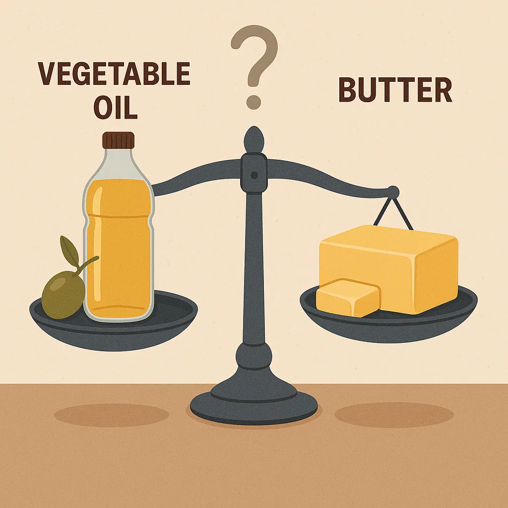 식물성-기름과-버터를-비교하는-일러스트로,-저울-양쪽에-올리브오일과-버터가-올라가-건강과-영양의-균형을-상징적으로-표현함.