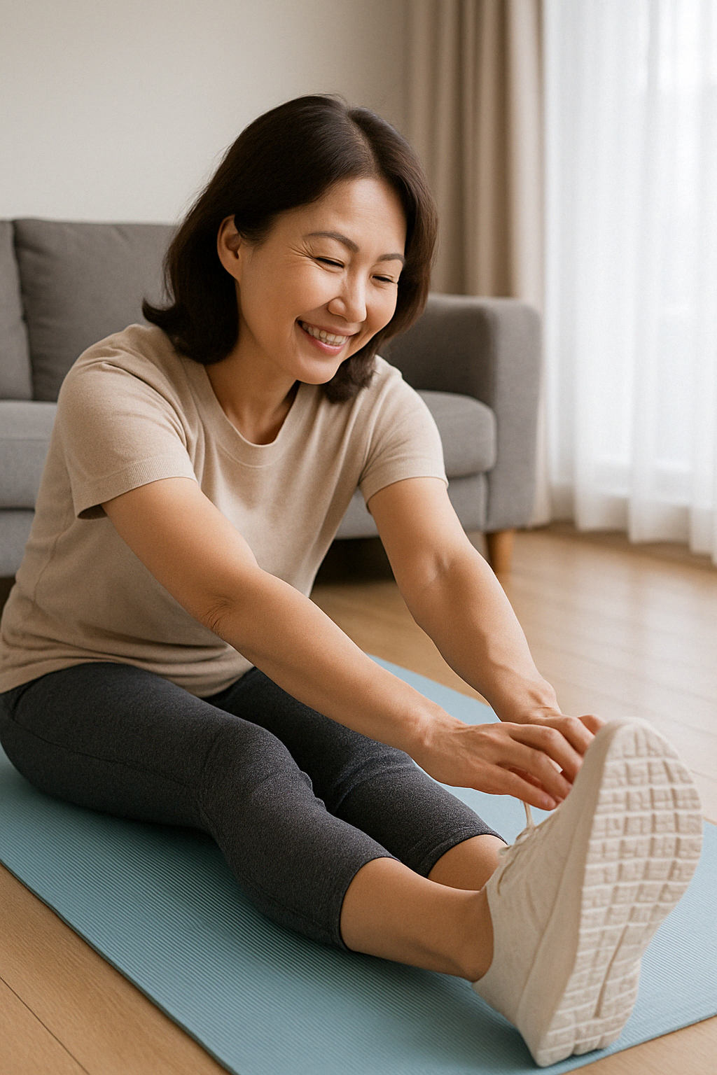 요가 매트 위에서 다리 스트레칭 or 무릎 강화 운동 중