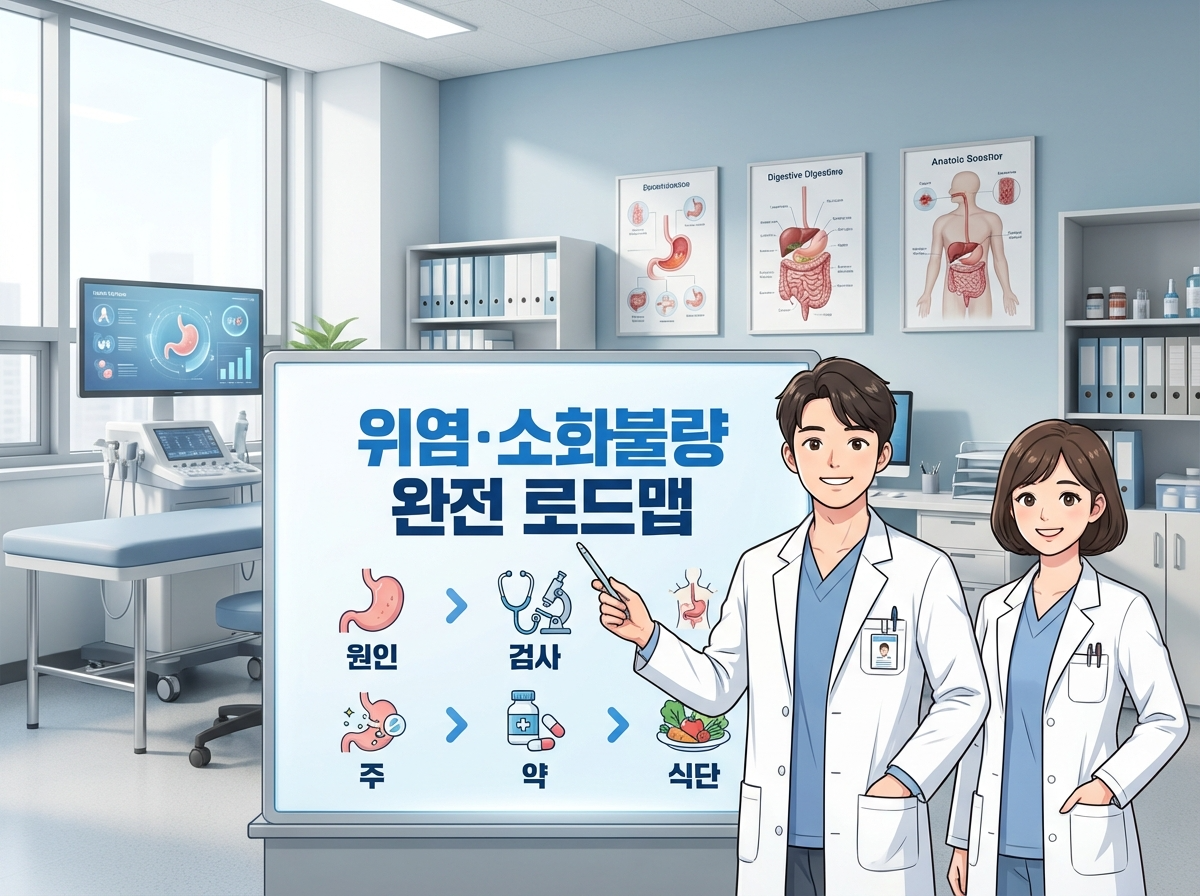 위염과 소화불량의 원인부터 검사&middot;약&middot;식단까지 단계별 로드맵을 설명하는 한국 의료진 애니메이션 캐릭터가 진료실 배경에서 플로우차트로 안내하는 종합 의료 정보 인포그래픽 이미지