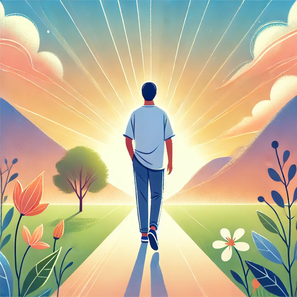 밝고 활기찬 풍경 속에서 자신감 있게 길을 걷는 사람, 개성을 표현하는 옷차림과 평화로운 배경이 어우러진 모습