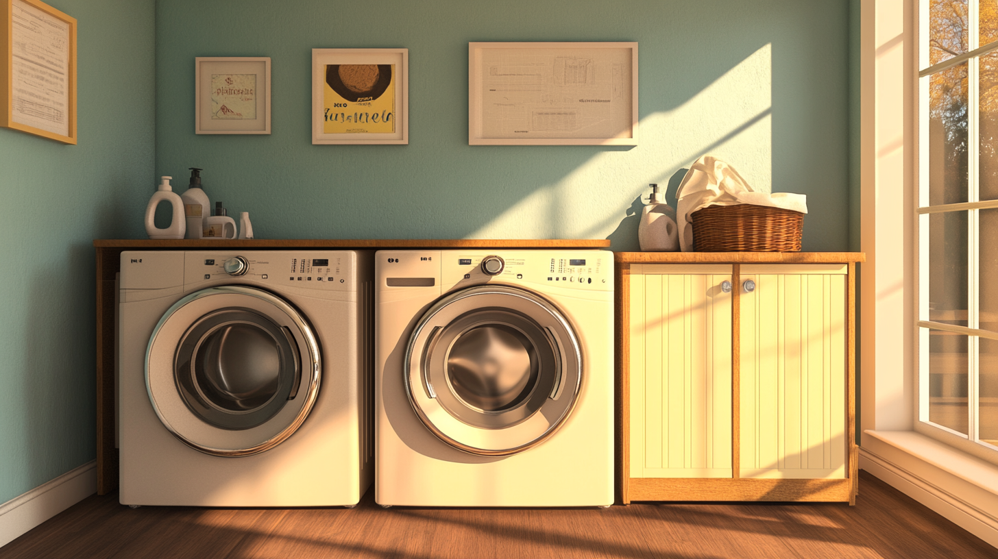 현대적인 가전과 고전적인 장식이 조화롭게 어우러진 따뜻하고 기술적인 느낌의 세탁 코너에서 삼성 세탁기가 있는 모습