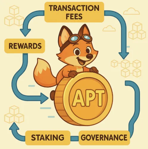 APT 코인의 순환 구조를 설명하는 인포그래픽 이미지. 이 일러스트는 거래 수수료(Transaction Fees), 거버넌스(Governance), 스테이킹(Staking), 보상(Rewards)으로 이어지는 APT 토큰의 사용 흐름을 단순하고 직관적으로 표현하며, Aptos 블록체인에서 APT가 생태계를 유지하는 연료처럼 작동함을 시각적으로 보여줌 (aptos token flow, staking gove