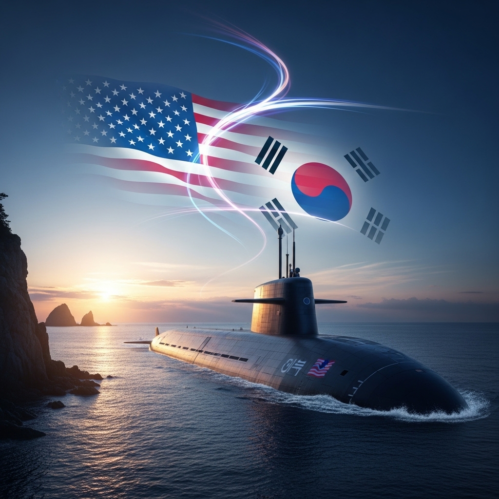 대한민국 해역에 부상하는 첨단 핵추진 잠수함과 새벽 하늘에 비치는 한미 국기 형상, 2025년 한미 조인트 팩트시트 합의로 인한 국방력 강화와 미래 비전을 상징함.