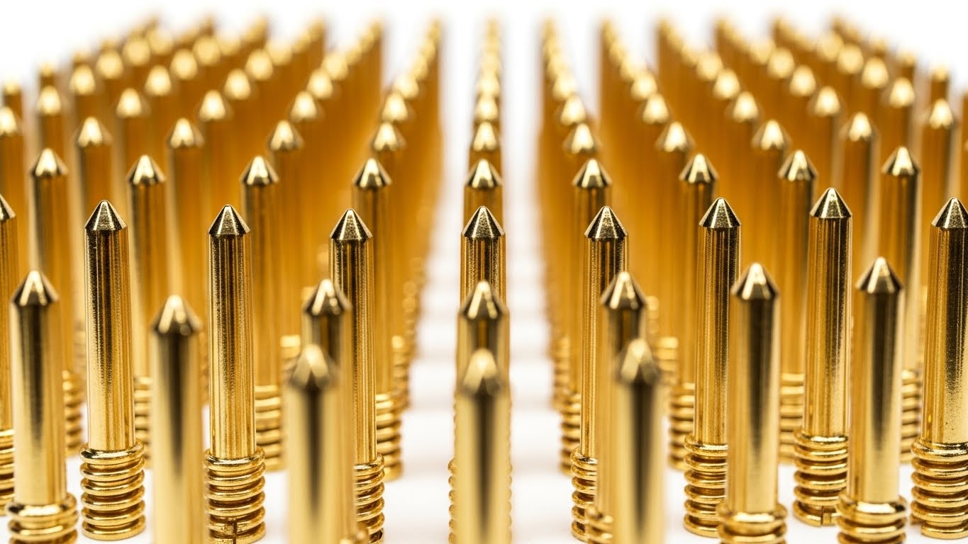 Macro photography of gold-plated test pins (pogo pins) for semiconductor testing, sharp detail, clean white background