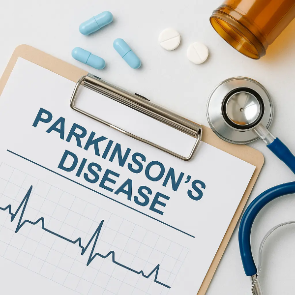 파킨슨병 치료 관련 약품과 청진기, 의무기록 차트가 깔끔하게 배치된 클로즈업 의료 이미지, 텍스트 없음