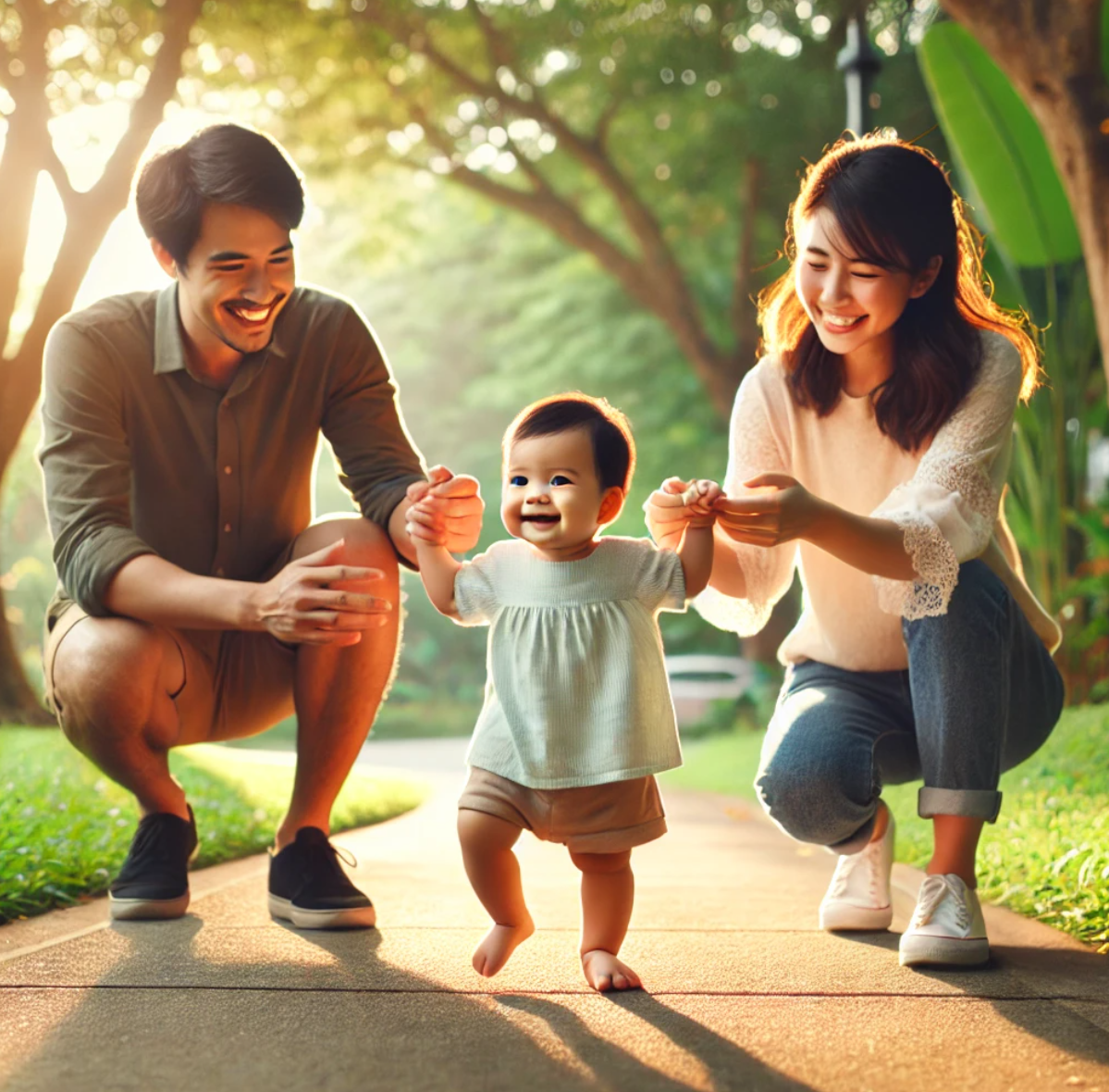 걸음마 하는 아기랑 산책하는 부모 사진