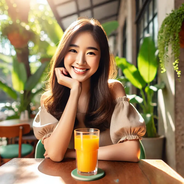 신선한 오렌지 주스를 들고 환하게 웃는 젊은 아시아 여성