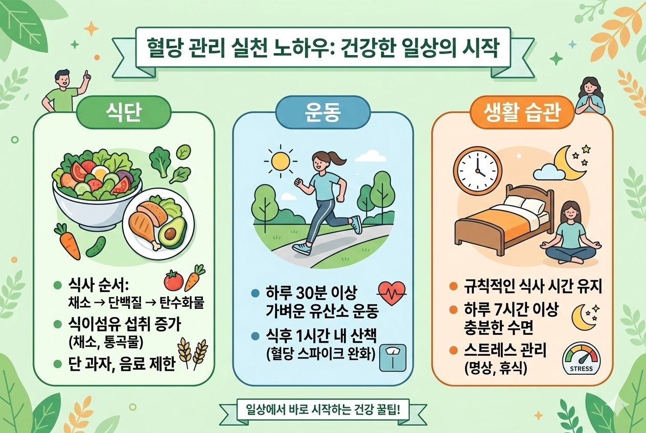 "혈당 관리 실천 노하우를 정리한 인포그래픽. 식단(채소-단백질-탄수화물 순서 식사, 식이섬유 섭취), 운동(하루 30분 유산소, 식후 산책), 생활 습관(규칙적인 식사와 수면, 스트레스 관리)에 대한 핵심 꿀팁을 아이콘과 함께 설명하고 있습니다."