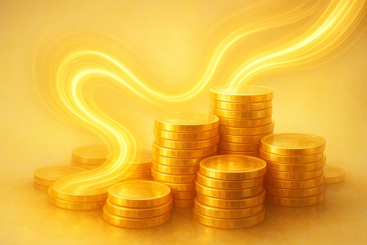 황금빛으로 빛나는 동전 더미