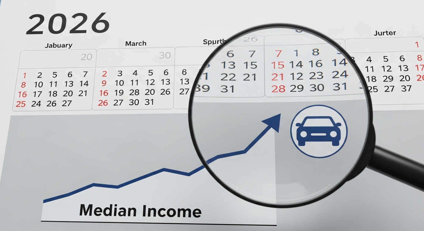 2026년으로 표시된 달력과 함께, 기준 중위소득 인상과 자동차 재산 기준 완화를 상징하는 돋보기 아이콘