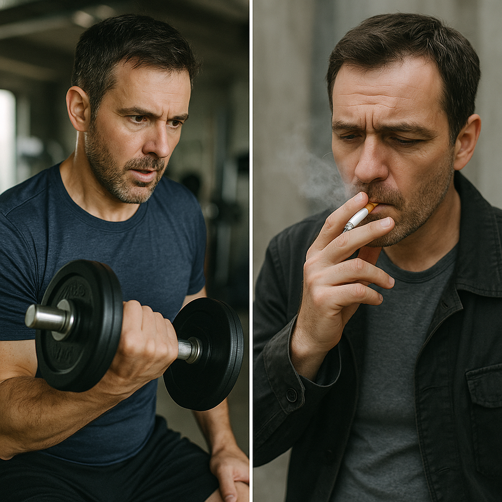 운동하는 40대 중년 남성과 흡현하는 40대 중년 남성