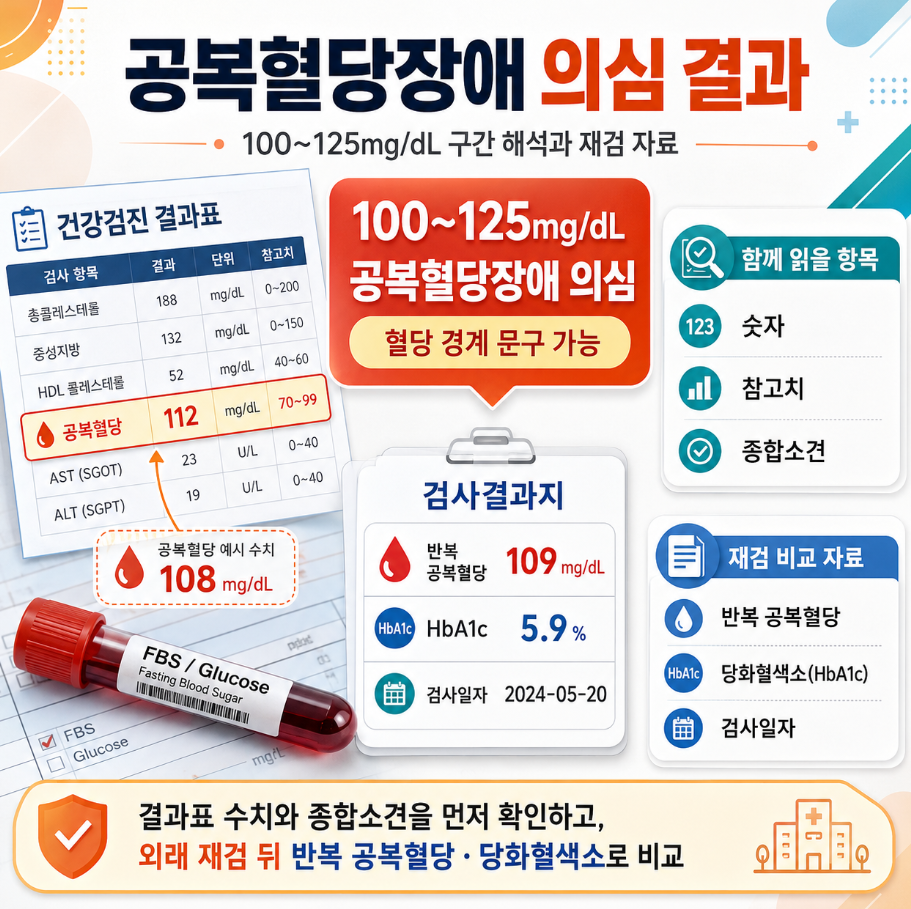 공복혈당 100~125mg/dL 공복혈당장애 의심 결과와 반복 공복혈당, 당화혈색소 재검 자료를 설명한 인포그래픽