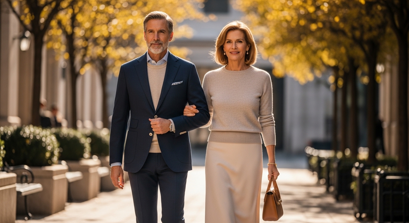 우아한 올드머니 룩으로 세련미를 뽐내는 중년 남녀.