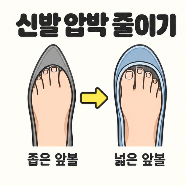 좁은 앞볼 신발에서 넓은 앞볼 신발로 바꾸는 모습을 화살표로 비교한 그림