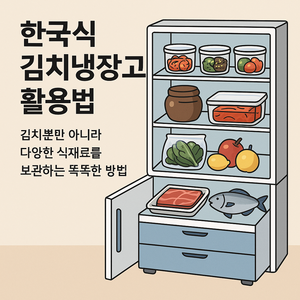 한국식 김치냉장고 활용법 - 김치뿐 아니라 다양한 식재료를 효율적으로 보관하는 방법을 보여주는 인포그래픽