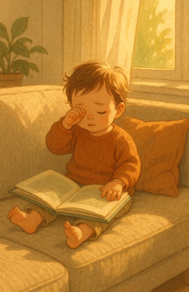 낮잠을 거부하며 소파에서 조용히 앉아 있는 2세 아이의 모습