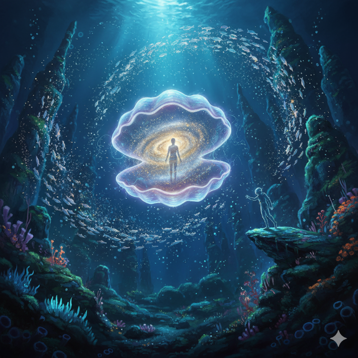 심해 속에서 빛나는 조개껍데기 모습