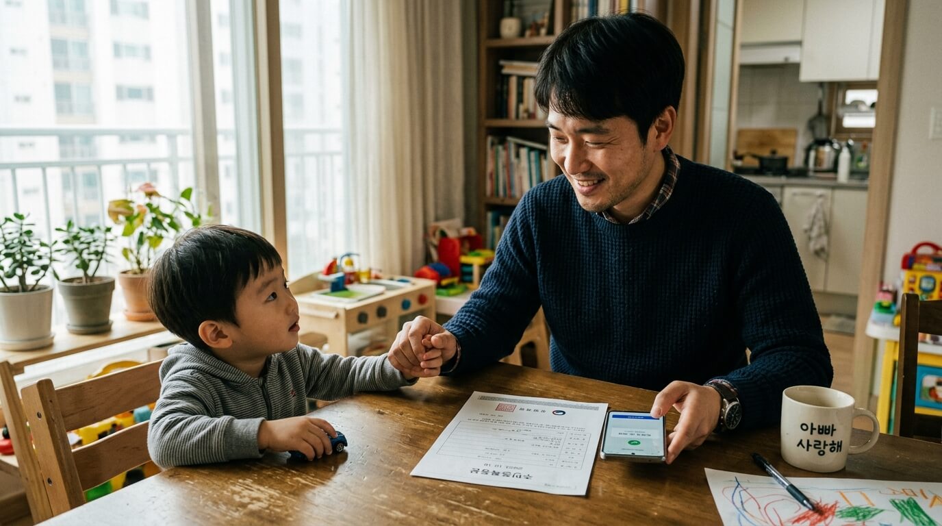 2026년 인상된 한부모 아동양육비와 소득 기준 완화 내용을 확인하고 안도하는 아버지