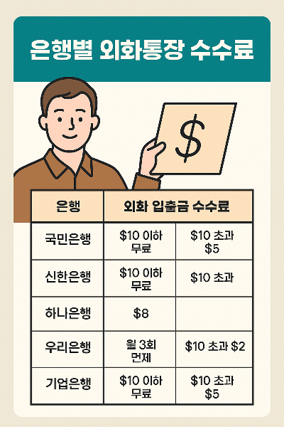 주요 5개 은행의 외화 입출금 수수료 조건을 도표로 비교하여 쉽게 이해할 수 있도록 구성한 인포그래픽입니다
