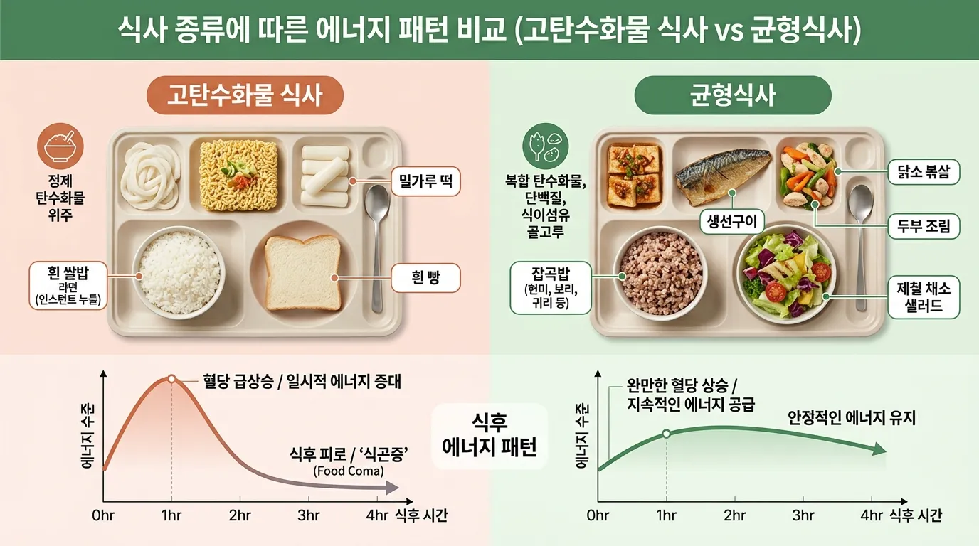 고탄수화물 식사와 균형 식사 후 피로도 비교
