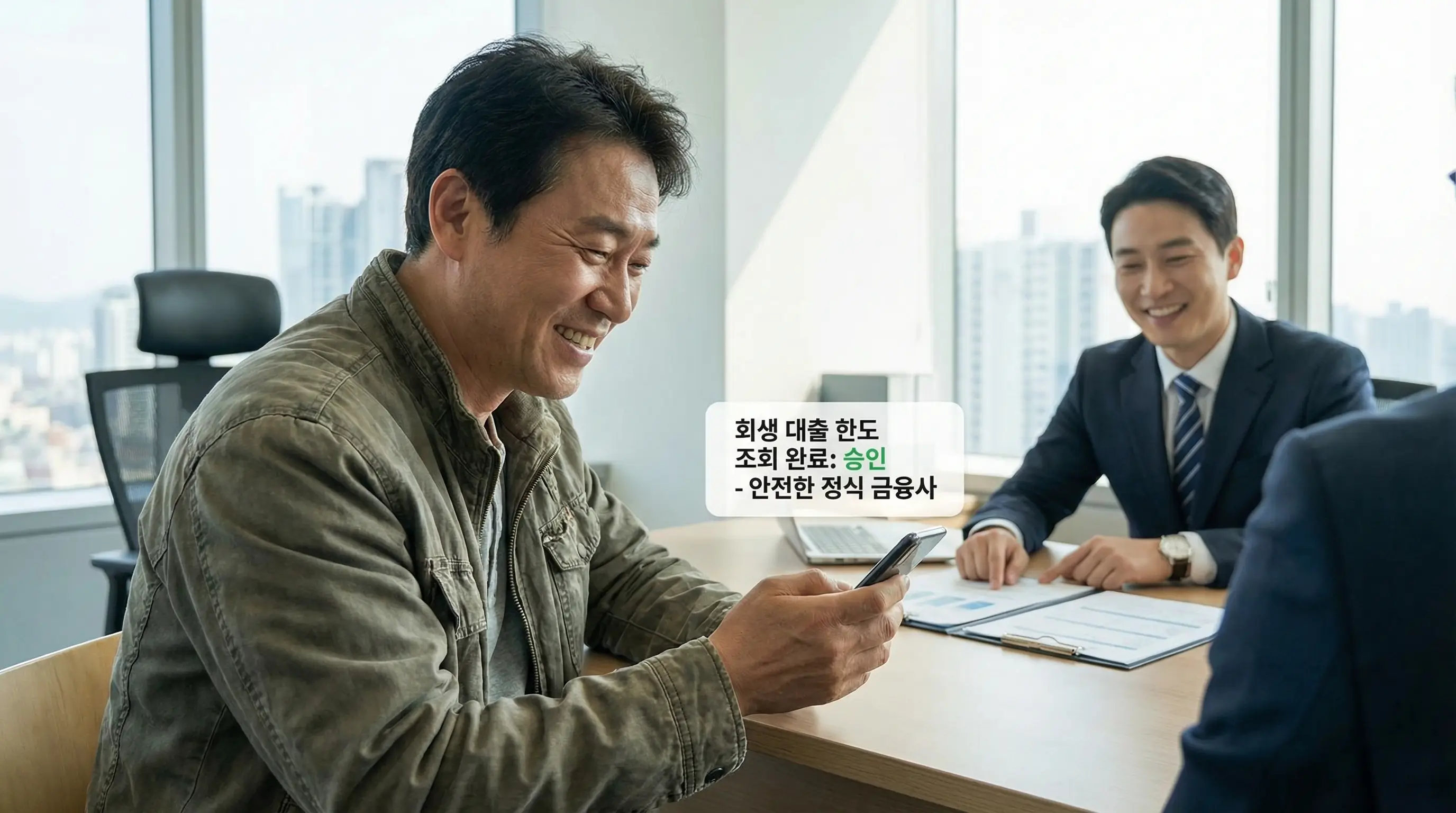 안전한 정식 금융사를 통해 회생 대출 한도를 조회하고 자금을 마련하여 안도하는 회생 신청자의 모습