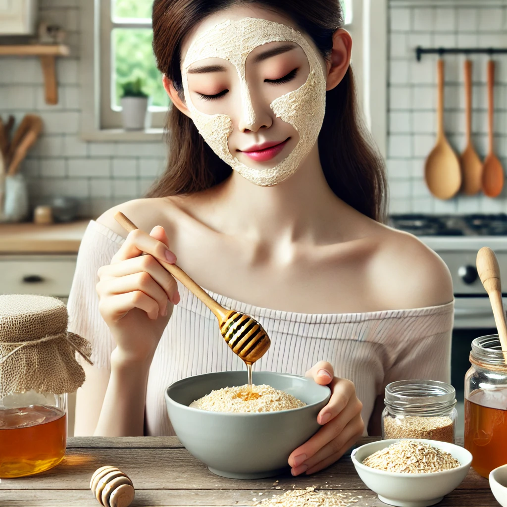 여성이 현대적인 주방에서 꿀과 오트밀로 홈메이드 마스크를 준비하는 장면. 그녀는 작은 스푼으로 볼 안의 재료를 섞고 있으며, 주방 카운터 위에는 자연 성분이 가지런히 정리되어 있습니다