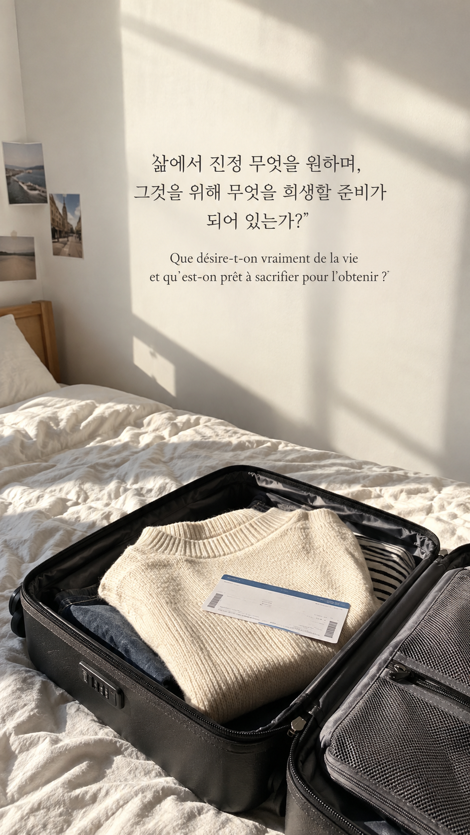 옷이 담긴 여행 가방 배경에 담은 기욤 뮈소의 말: 삶에서 진정 무엇을 원하며, 그것을 위해 무엇을 희생할 준비가 되어 있는가?