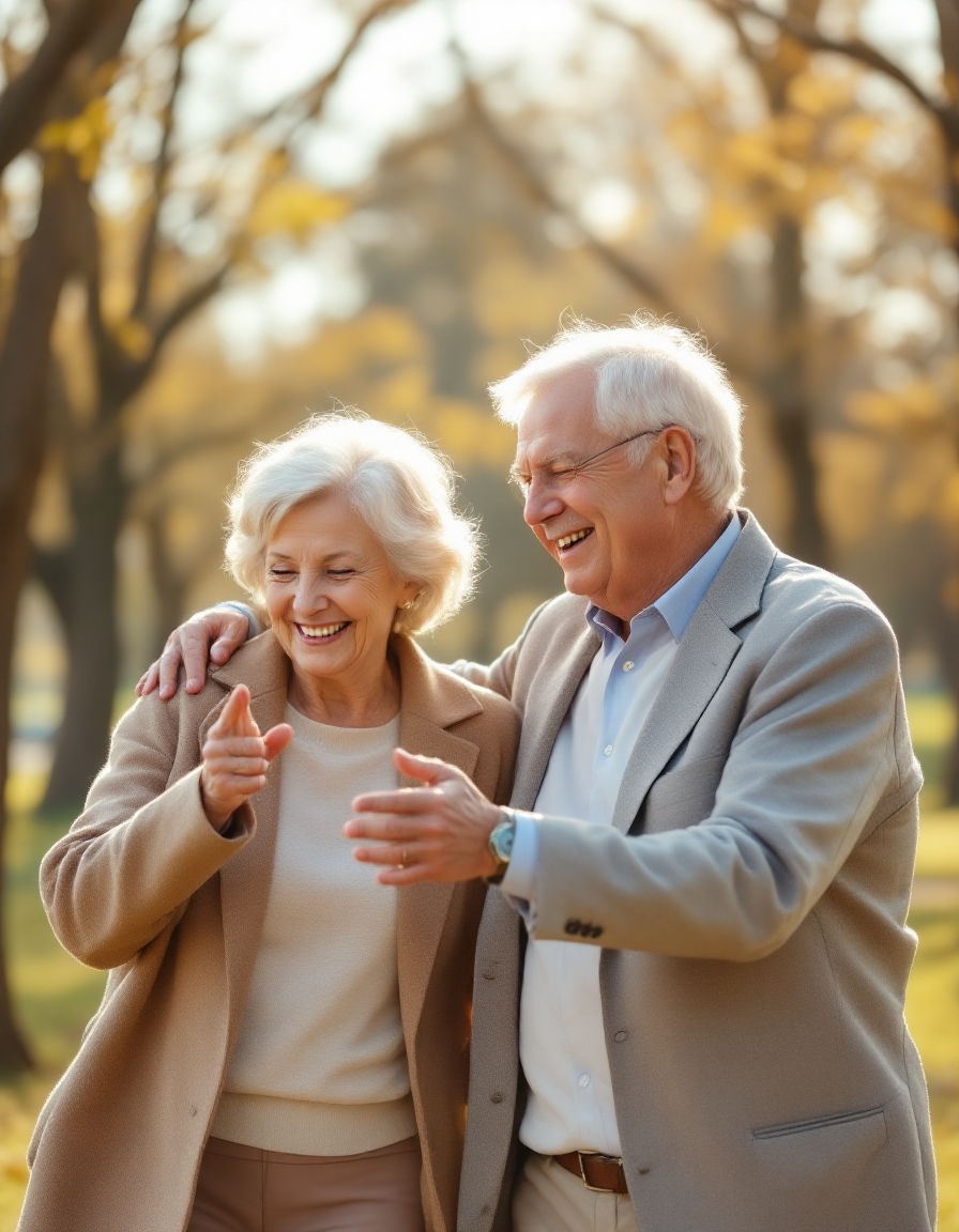 노부부가 행복하게 산책하눈 모습