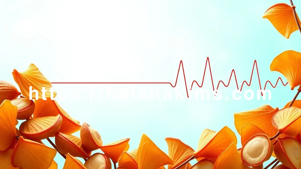 윤기 나는 구운 은행 알맹이들이 건강하고 유연한 혈관처럼 곡선을 이루며 맑고 투명한 혈액이 흐르는 듯한 느낌을 주며, 건강한 심장 박동을 나타내는 잔잔한 파동선 모습.