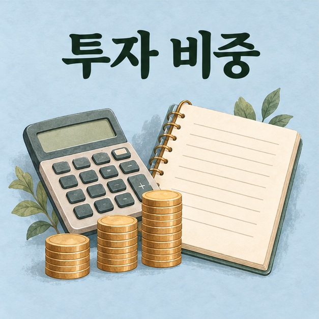계산기와 공책 및 동전으로 표현한 투자 금액과 비중 확인