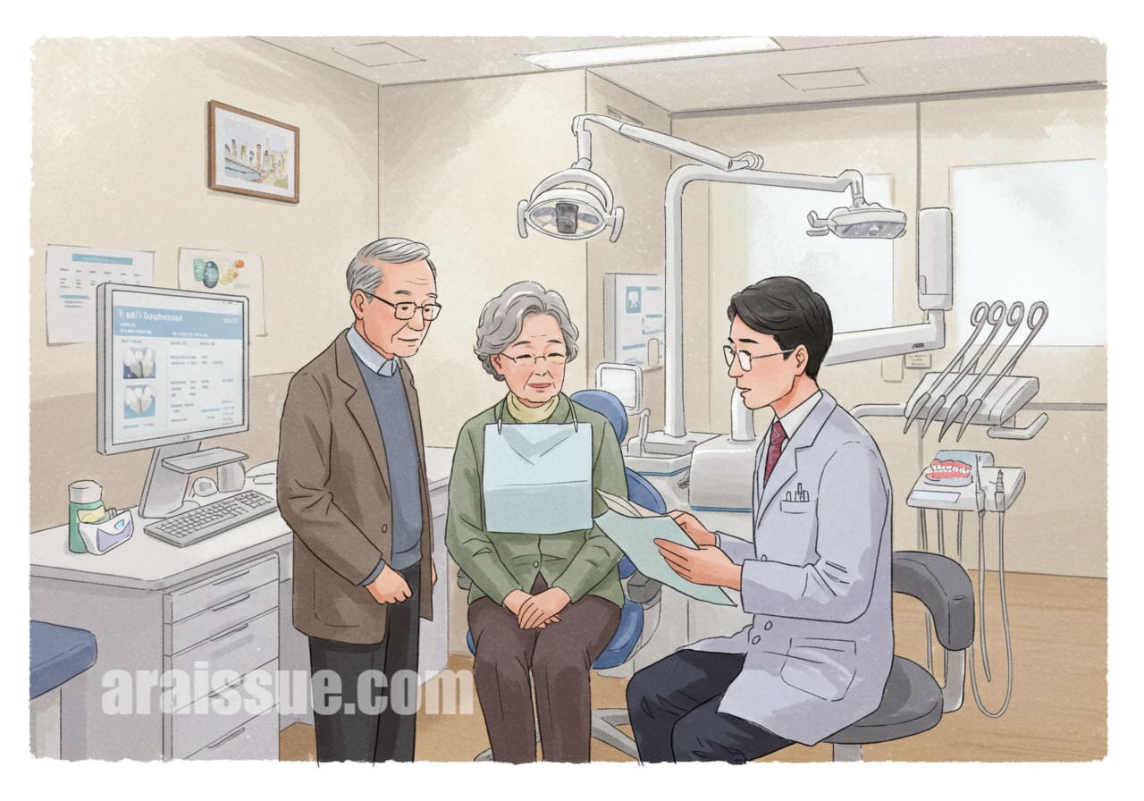 2025년 본인부담금 지원을 받으며 치과 치료를 받는 한국인 어르신들, 비용 절감 강조.