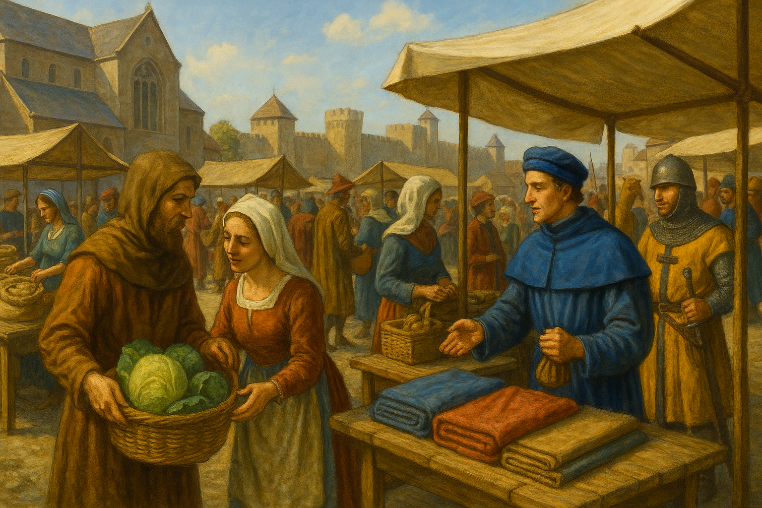 중세 봉건 사회에서 상인과 농민들이 물품을 거래하는 장면