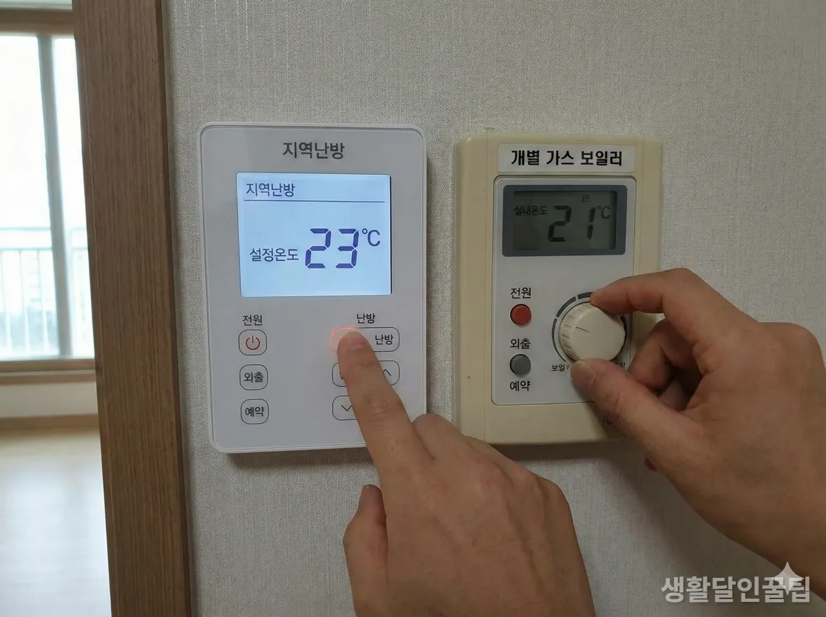 지역난방과 개별난방 보일러 컨트롤러의 차이를 보여주는 조작 패널 클로즈업 사진