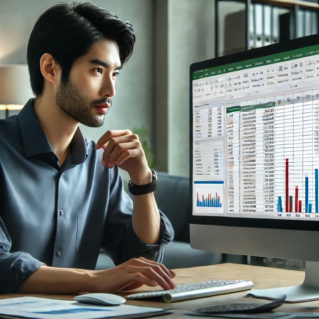 30대 초반의 한국 남성이 사무실 책상에서 컴퓨터로 피벗 테이블과 다양한 차트가 포함된 고급 엑셀 스프레드시트를 작업하며 분석적이고 집중된 표정을 짓고 있는 모습