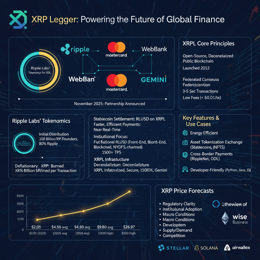 XRP Ledger의 글로벌 금융 비전 인포그래픽, 리플, 마스터카드, 제미니 파트너십 발표, 주요 기능 및 XRP 가격 예측 차트 포함