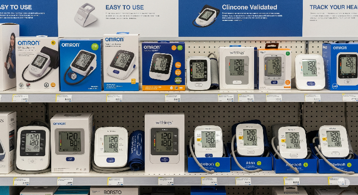 다양한 종류의 가정용 혈압계가 진열된 모습
