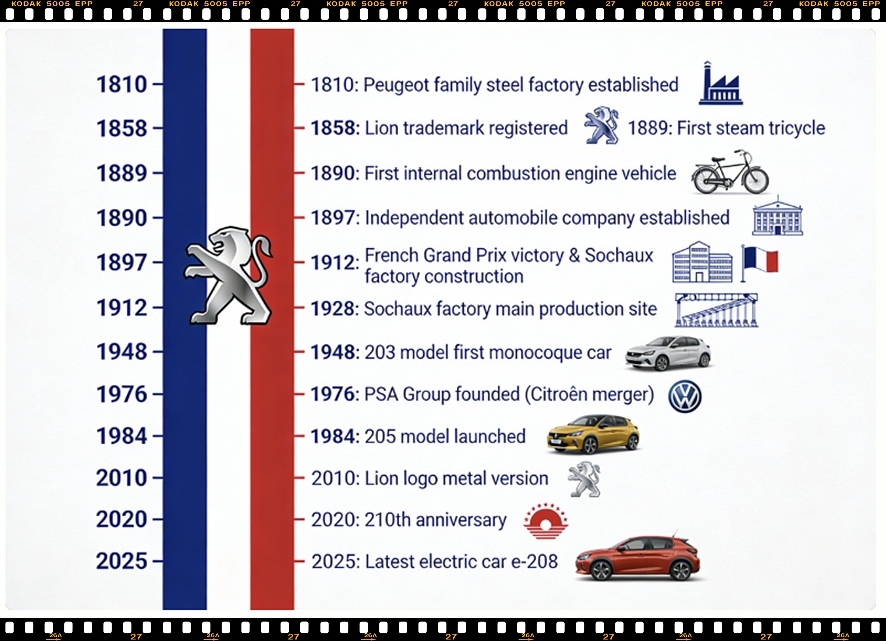 1810년부터 현재까지 푸조의 주요 이정표를 보여주는 타임라인