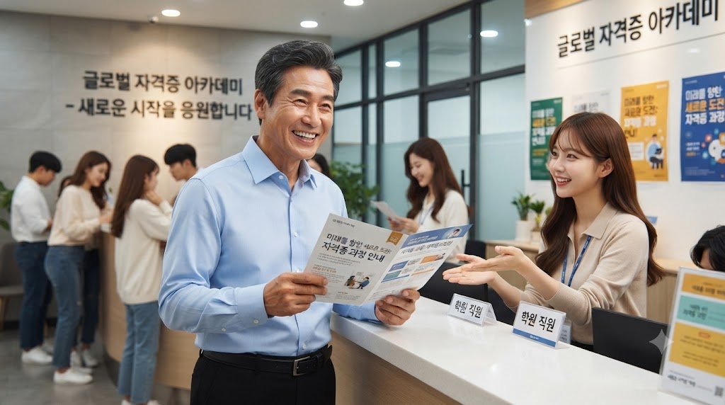 퇴직 후 직업훈련 비용을 국가가 지원해주는 제도 등에 대해 알아보고 있는 남성
