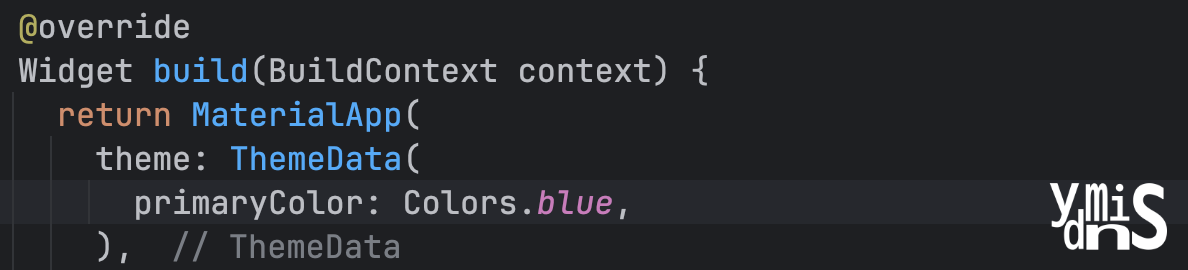 ThemeData - primaryColor 코드 적용한 모습이다.