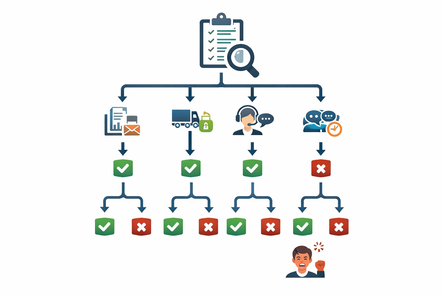 AI 고객센터 자동화 도입 전 점검 질문을 아이콘과 분기 흐름으로 정리한 체크리스트 흐름도