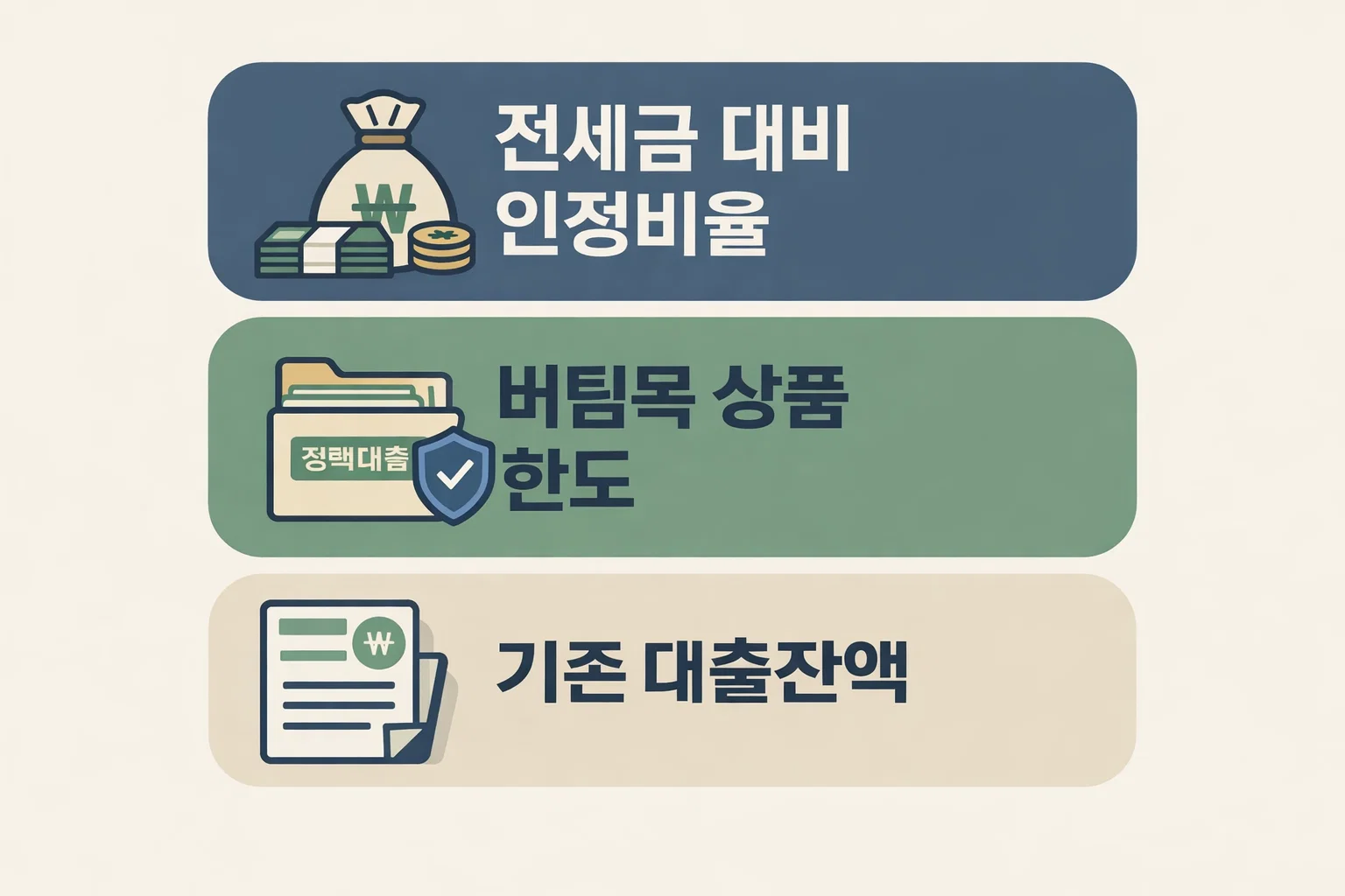 버팀목 전세자금대출 대환 한도를 판단할 때 전세금 대비 인정비율과 상품 한도 기존 대출잔액 비교 포인트를 보여주는 이미지