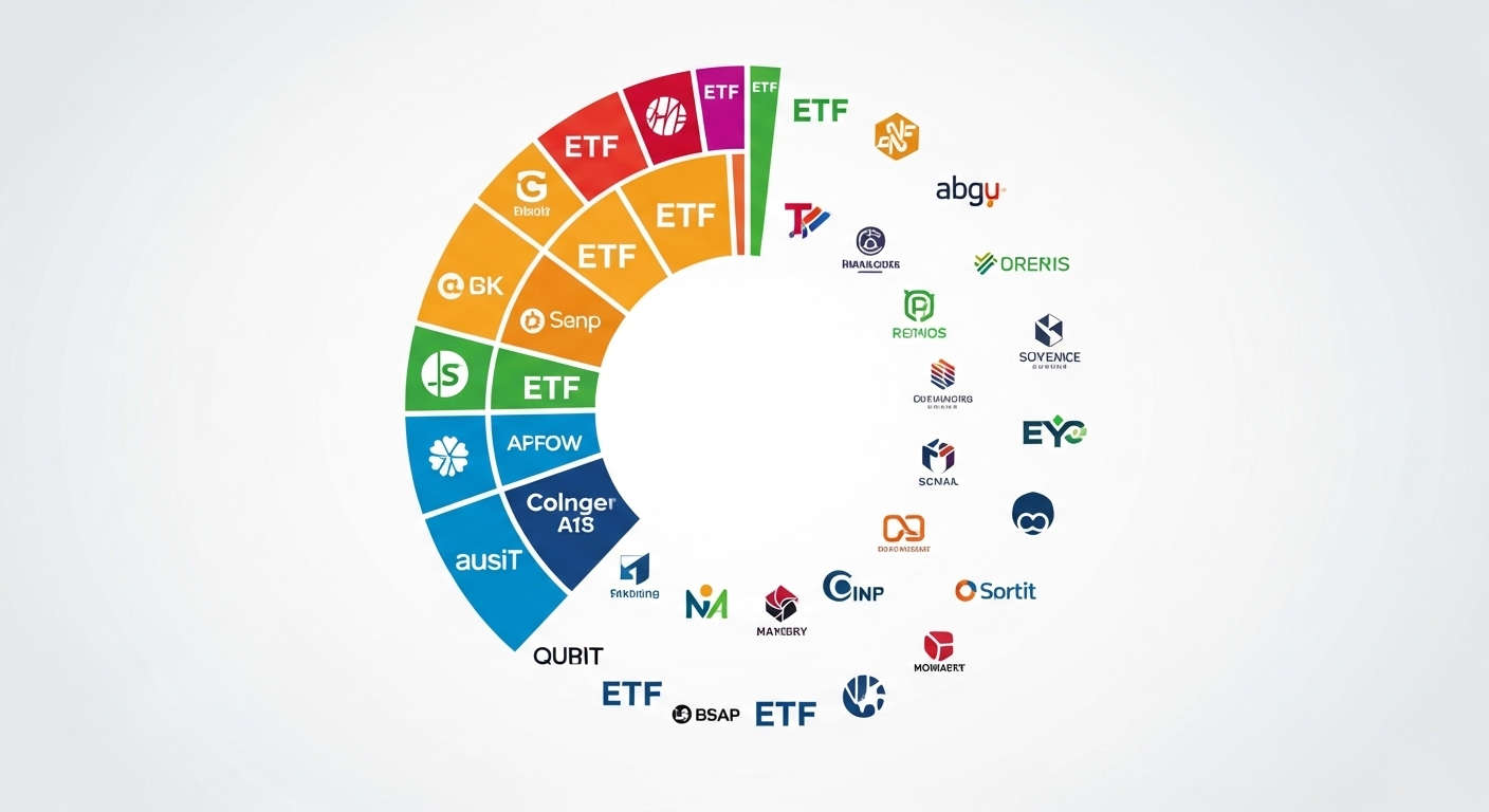 여러 ETF 상품 로고들이 모여 포트폴리오를 이루는 모습