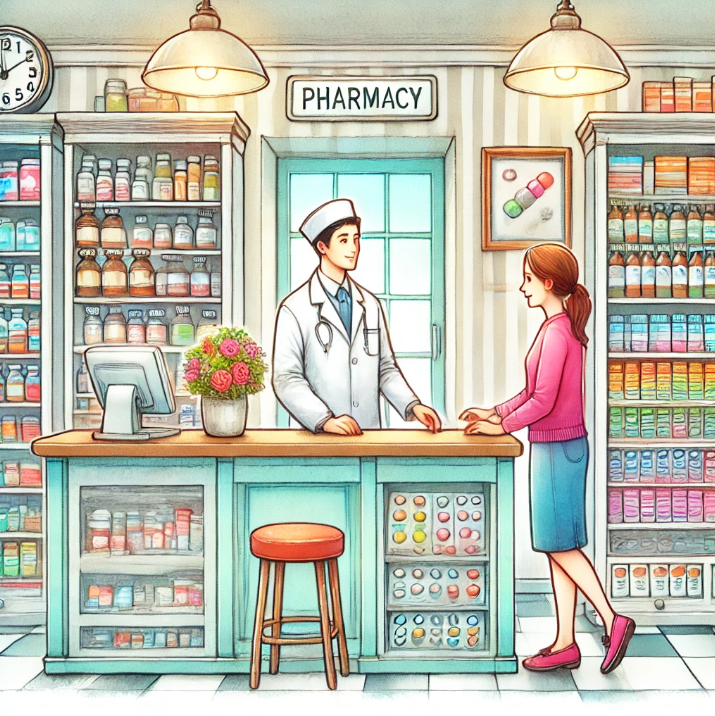 한국 약국에서 약사가 손님을 응대하는 모습